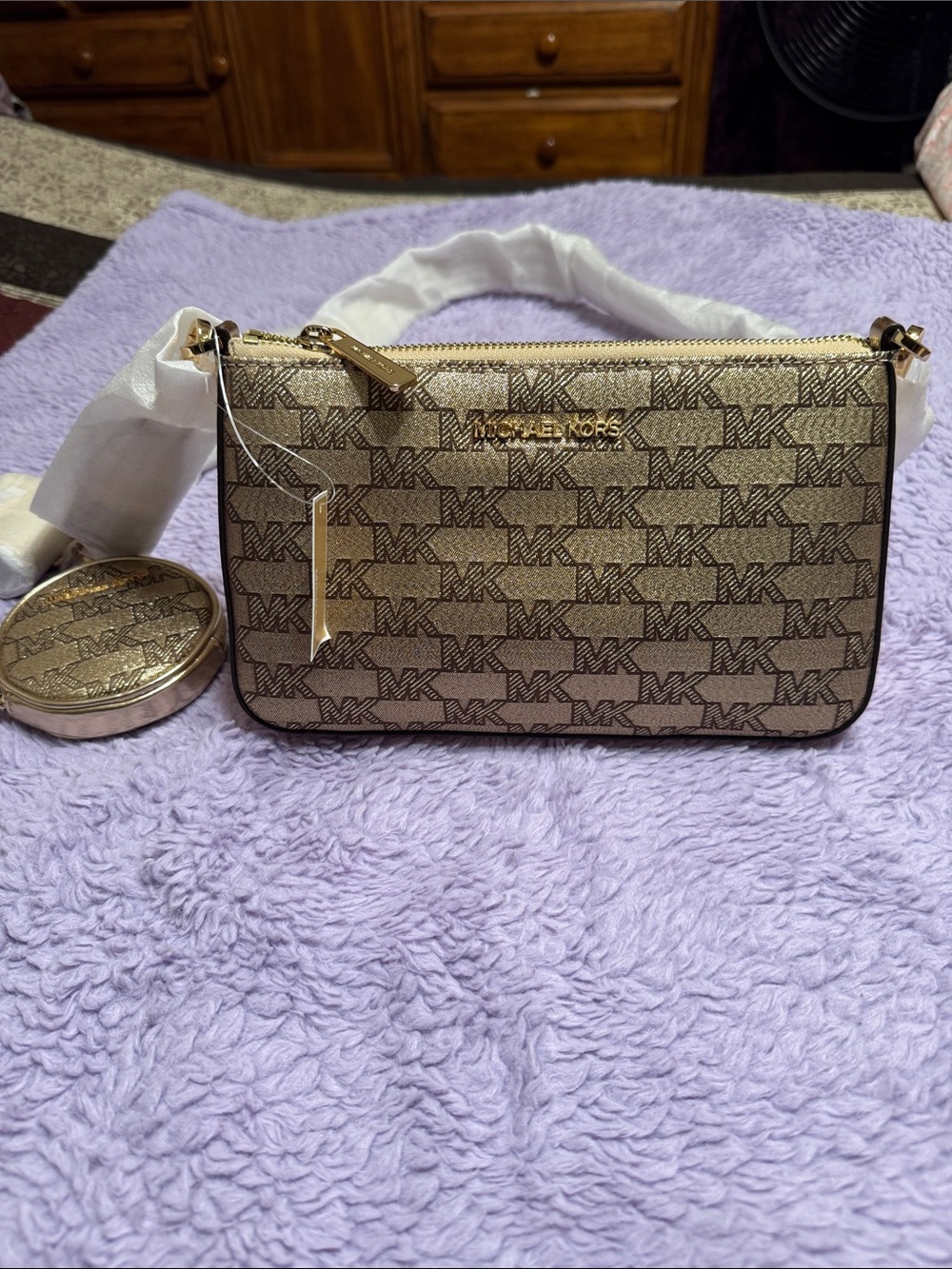 Michael Kors Gold Logo-Print Crossbody Pouch with Brown MK Pattern